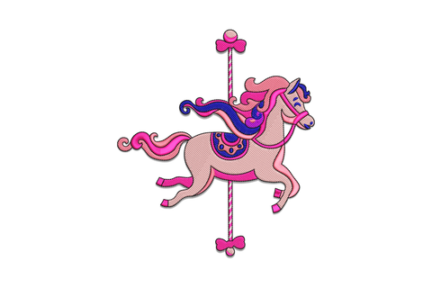 Carousel horse embroidery design mid-gallop on a candy-striped pole with pink bow finials, blush pink body, hot pink curly mane and a navy blue ornamental saddle.