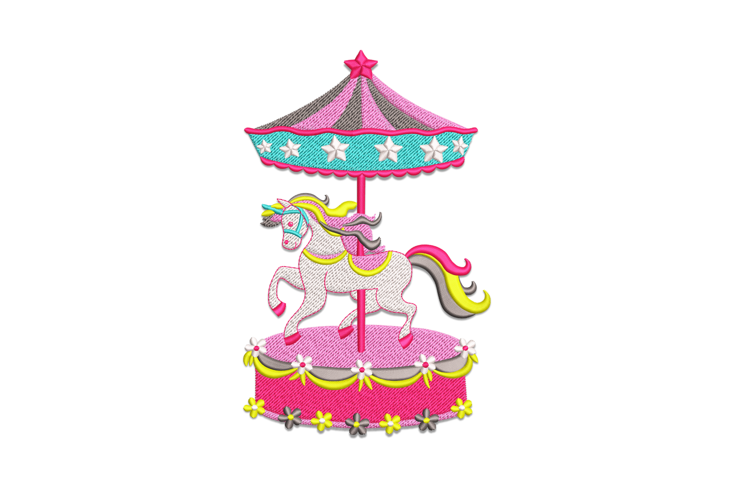 Carousel unicorn embroidery design with a white unicorn body, rainbow mane, gold horn and one raised foreleg, on a pink pole under a teal star-dotted canopy with a daisy-trimmed platform.