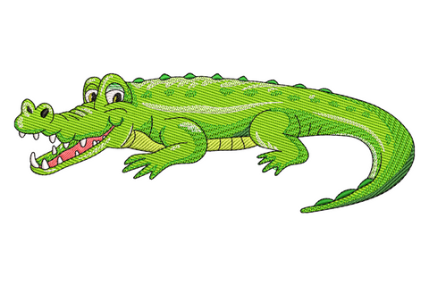 Wide horizontal cartoon alligator embroidery, open mouth and white teeth, multi-green scaly body, chunky cartoon style