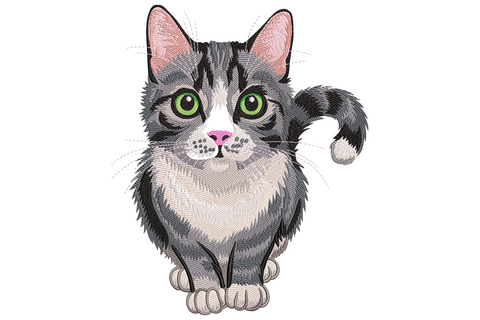 Realistic tabby cartoon cat embroidery design with emerald green eyes, pink nose and white chest bib, 13 colours, 9 sizes, portrait illustration style.