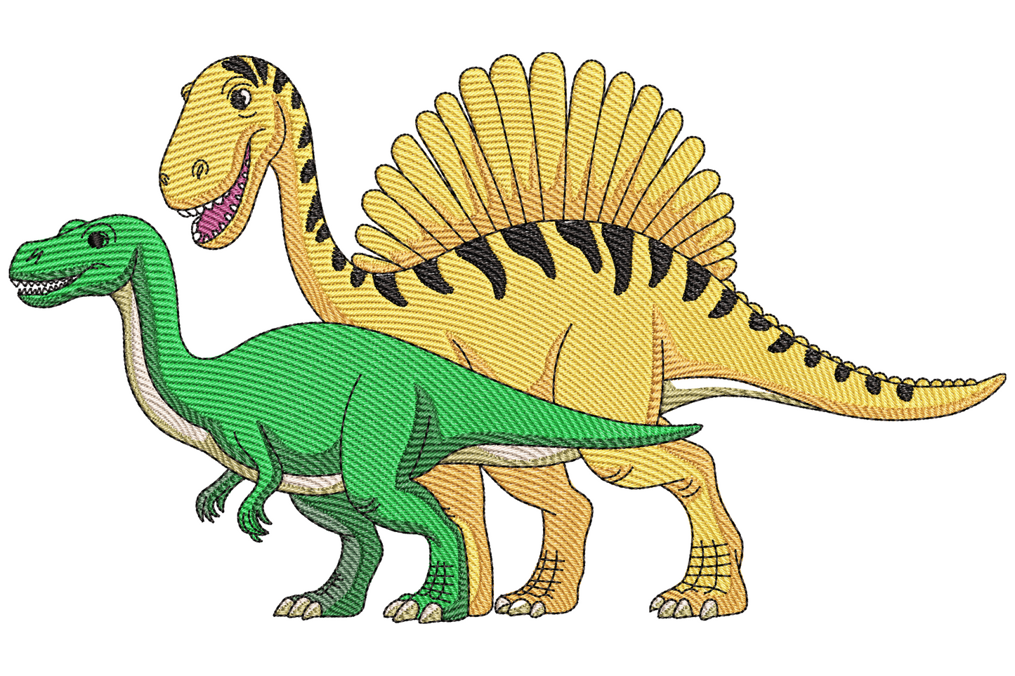 Two cartoon dinosaurs embroidery, a smiling green raptor in front and a big yellow spinosaurus with black stripes behind