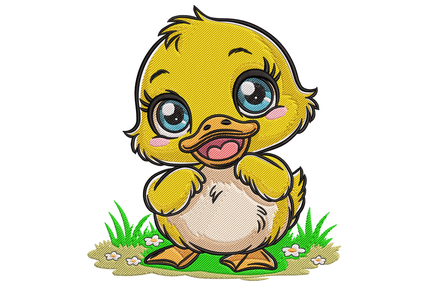 Cartoon duckling big eyes machine embroidery design, 16 colours, butter yellow body with tangerine beak, on pastel onesie, 9 sizes.