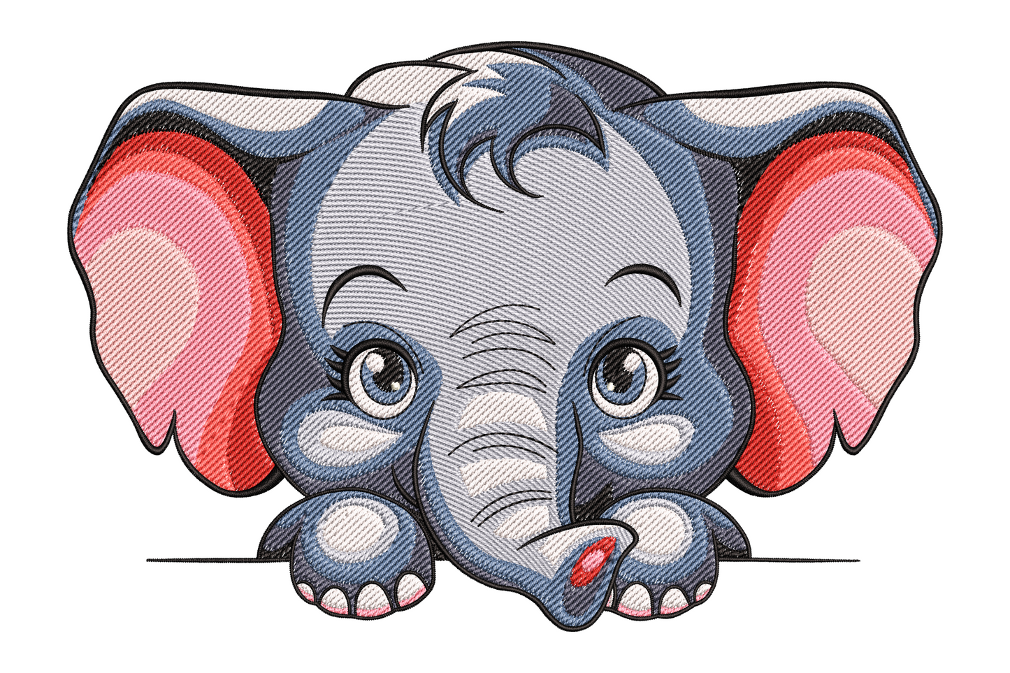 Cartoon baby elephant embroidery design peeking over a ledge with both front feet gripping the edge, blue-grey body, pink inner ears and big round eyes with lash detail.