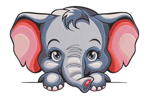 Cartoon baby elephant embroidery design peeking over a ledge with both front feet gripping the edge, blue-grey body, pink inner ears and big round eyes with lash detail.