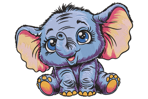 Cartoon baby elephant embroidery with big blue eyes, pink ears and fluffy blue-grey body, nursery and baby shower design, 7 sizes.