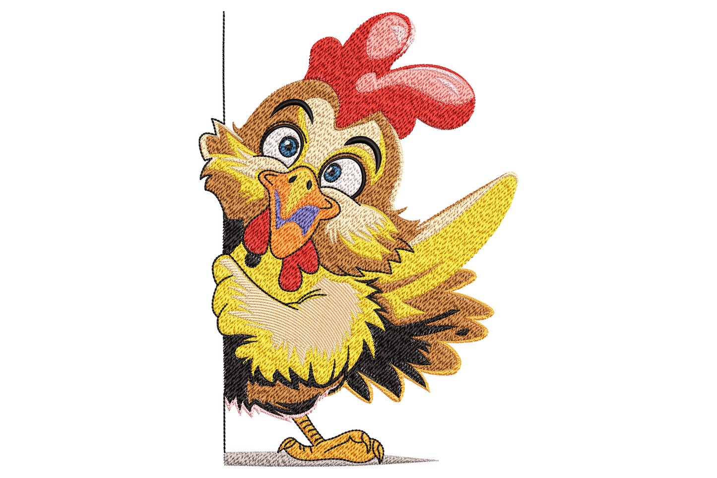 Machine embroidery design of a cartoon hen peeking over a ledge, rust-red comb and amber-brown feathered body, wide-eyed expression, 9 sizes up to 7.50 inches