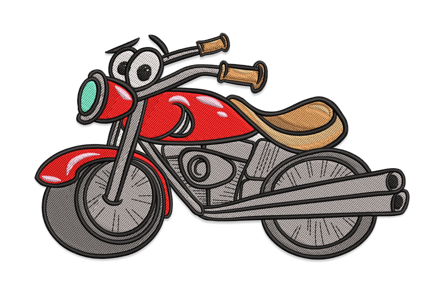 Cartoon motorcycle embroidery design with turquoise headlights, red body and whimsical storybook character style for kids clothing.