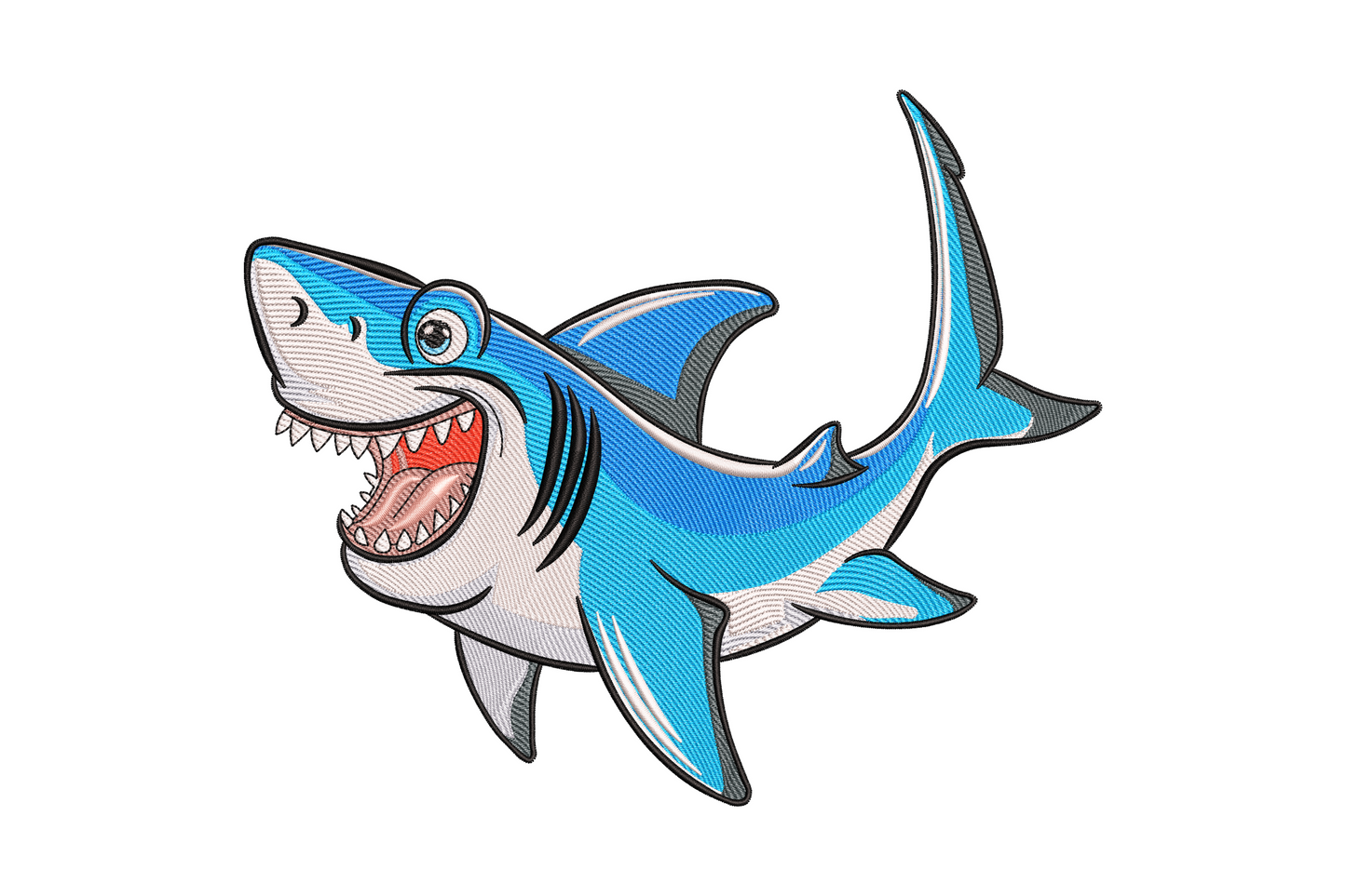Cartoon shark embroidery, kawaii style with big eyes and open grin, teal and navy, 11 colours, 5 sizes 2.93-6.28 inches