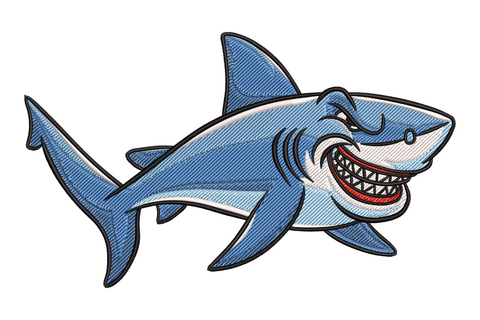 Cartoon shark embroidery design, grinning blue great white with open mouth, white teeth, red interior and bold black comic outlines.