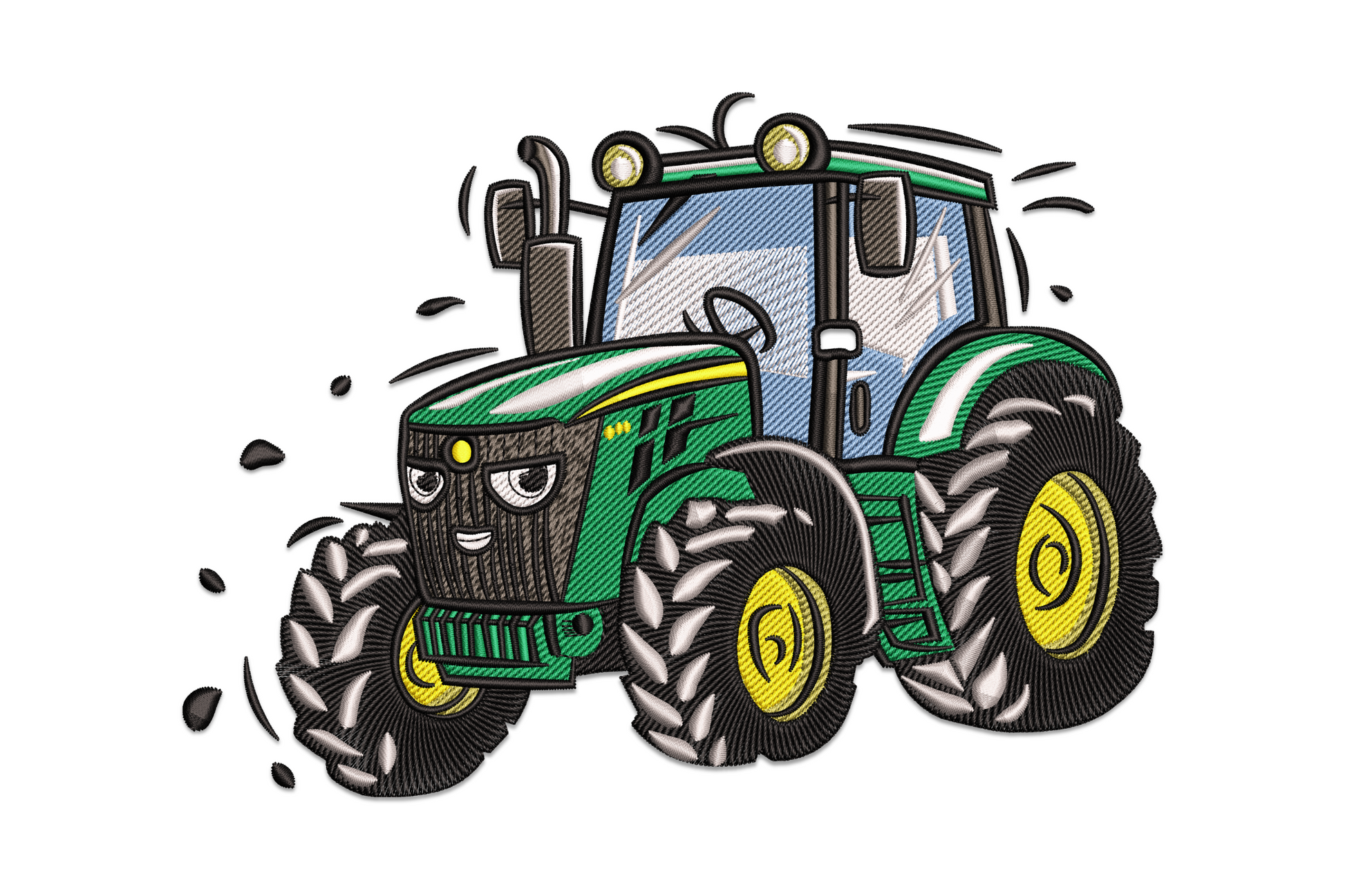 Cartoon tractor embroidery design, chunky red farm vehicle with big black tyres, yellow headlights and grey rims in 8 bright thread colours