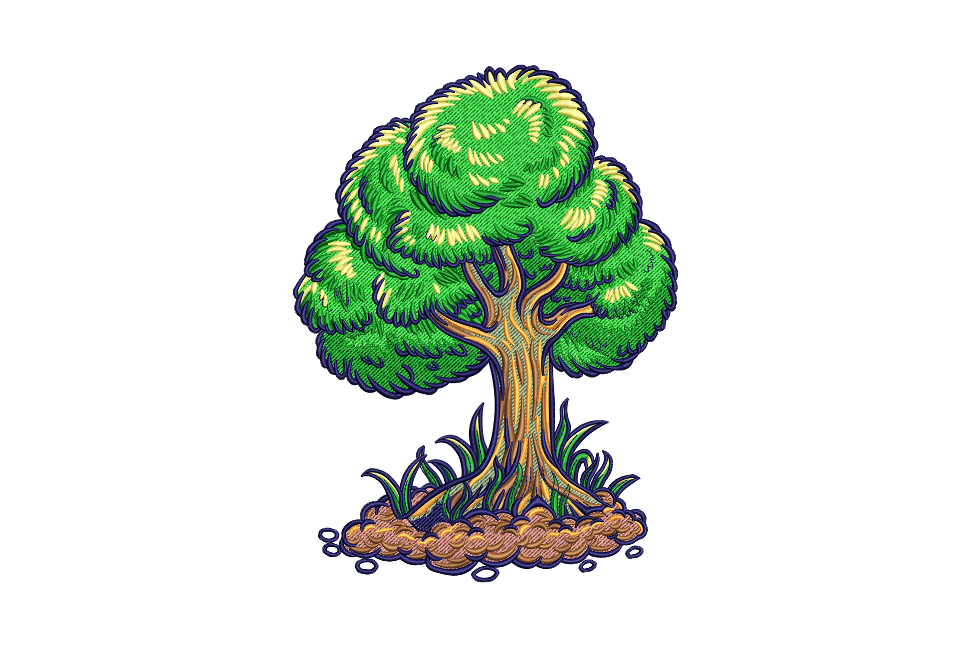 Cartoon tree embroidery design, 8 colours layered green canopy brown trunk with roots, 6 sizes to 8.51 inches