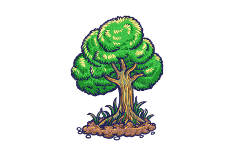 Cartoon tree embroidery design, 8 colours layered green canopy brown trunk with roots, 6 sizes to 8.51 inches