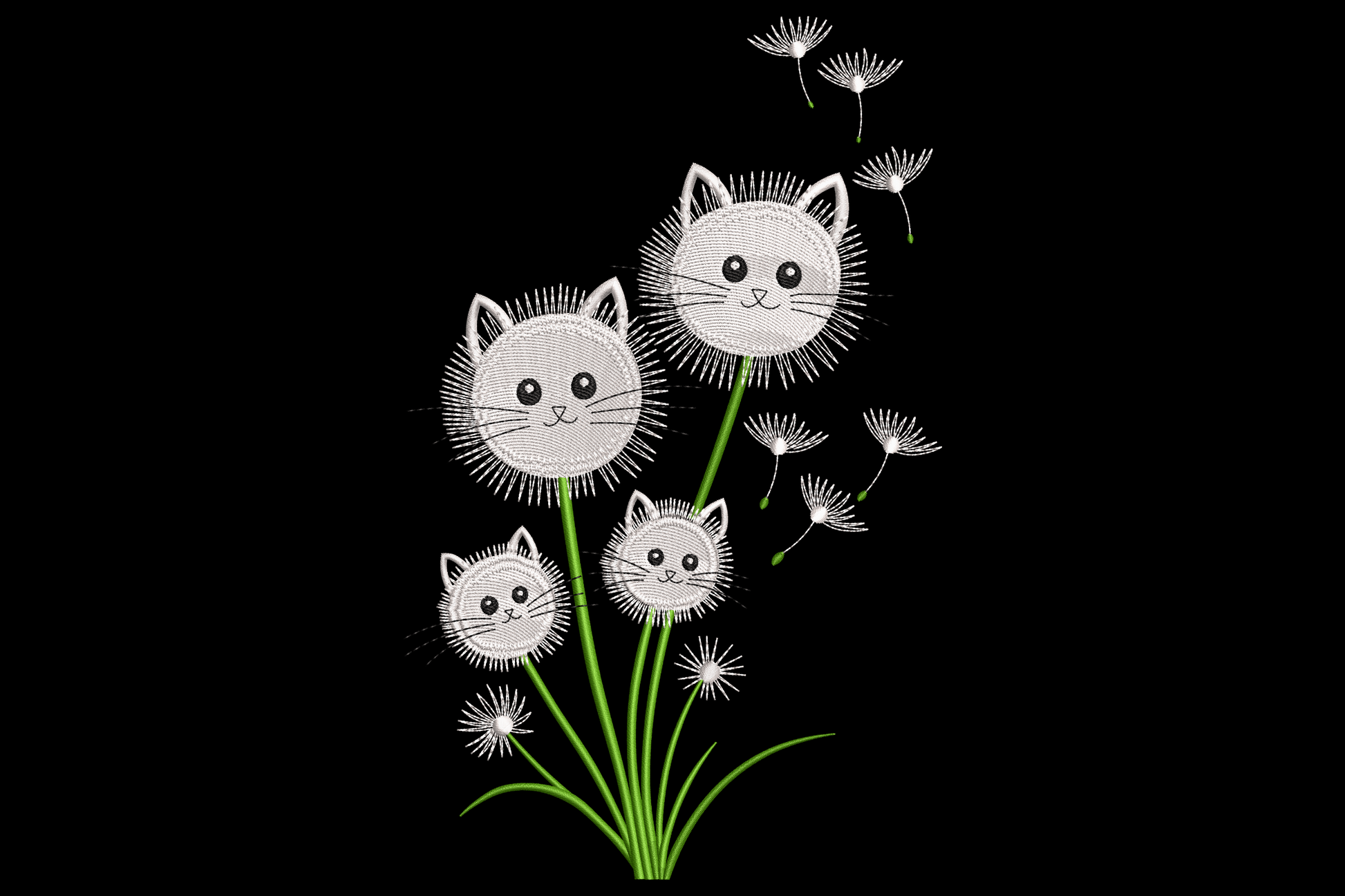 Cat dandelion flowers embroidery design with charcoal cat silhouette surrounded by sage green dandelion stems and cream seed heads, 3-colour botanical design.