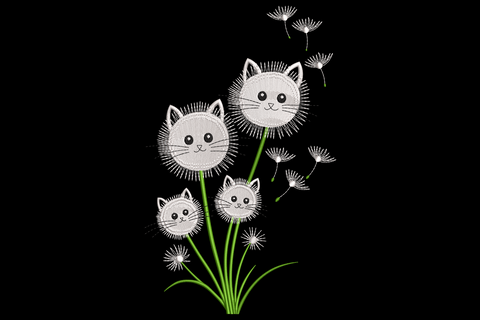 Cat dandelion flowers embroidery design with charcoal cat silhouette surrounded by sage green dandelion stems and cream seed heads, 3-colour botanical design.