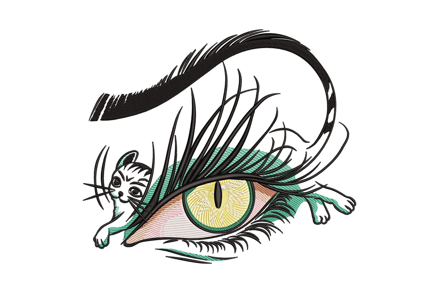 Cat eye illusion embroidery with a green slit-pupil iris, lashes forming a cat silhouette, and a tiny tabby face in the corner.