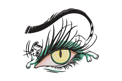 Cat eye illusion embroidery with a green slit-pupil iris, lashes forming a cat silhouette, and a tiny tabby face in the corner.