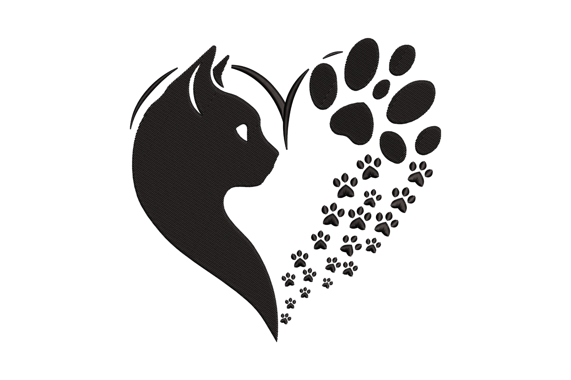 Black cat profile silhouette and paw print in a heart with cascading small paw prints, single-colour embroidery design.
