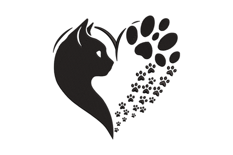 Black cat profile silhouette and paw print in a heart with cascading small paw prints, single-colour embroidery design.