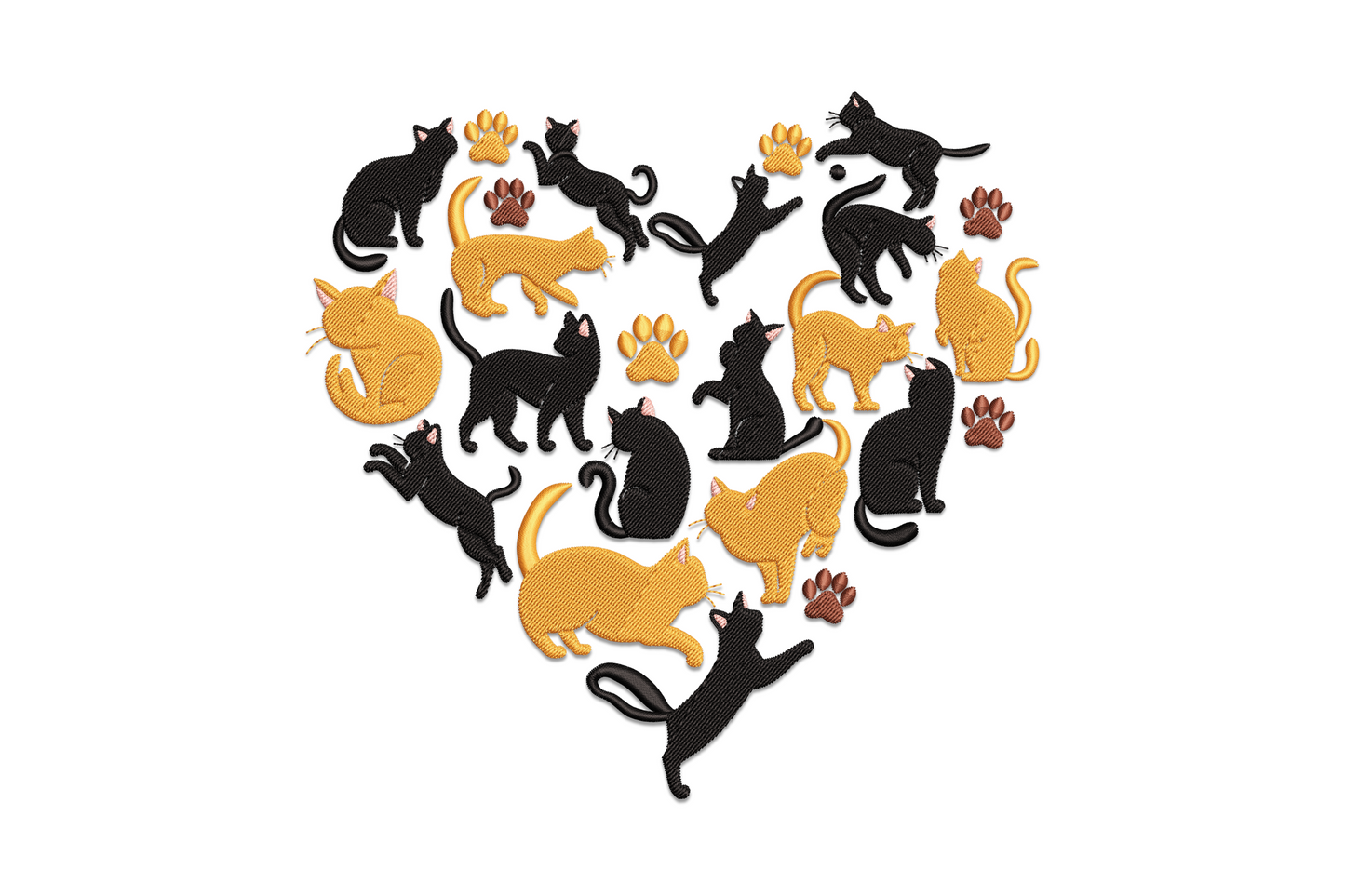 Cat heart silhouette embroidery, black and orange cats arranged in a heart shape with scattered brown paw prints, flat graphic style.
