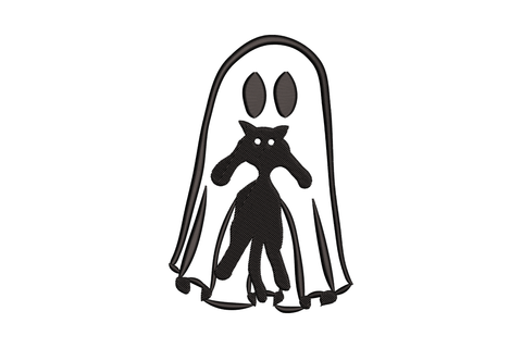 Machine embroidery design of a cat hidden inside a ghost costume, only ears and paws visible, stitched in black on white fabric.