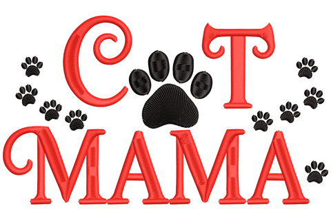 Cat mama embroidery design with seated cat figure and bold MAMA lettering, 2 colours, minimal rounded graphic style.