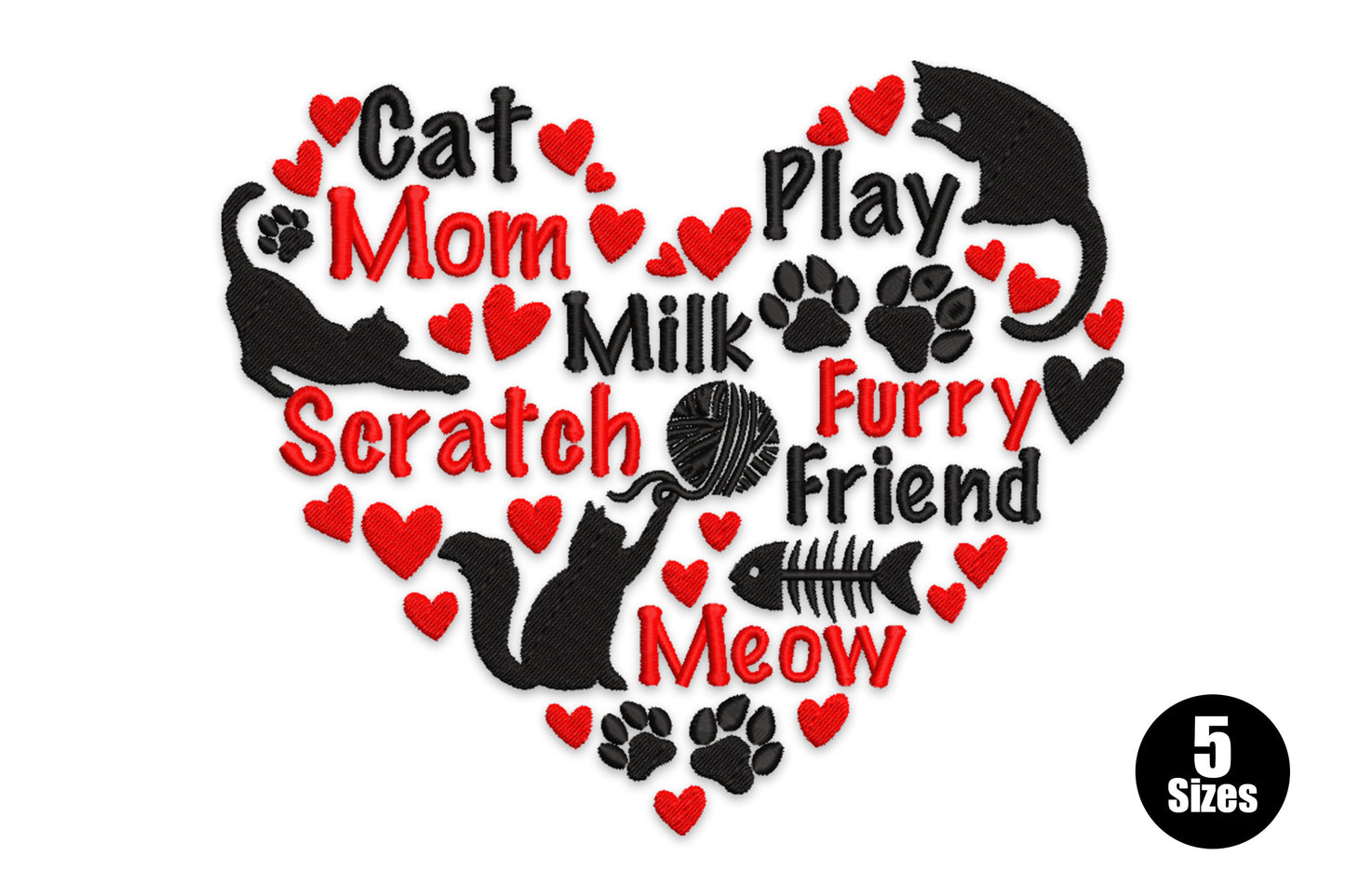 Cat mom heart embroidery, heart shape filled with cat word art, paw prints, yarn ball, fish skeleton and 2 black cat silhouettes, red and black.