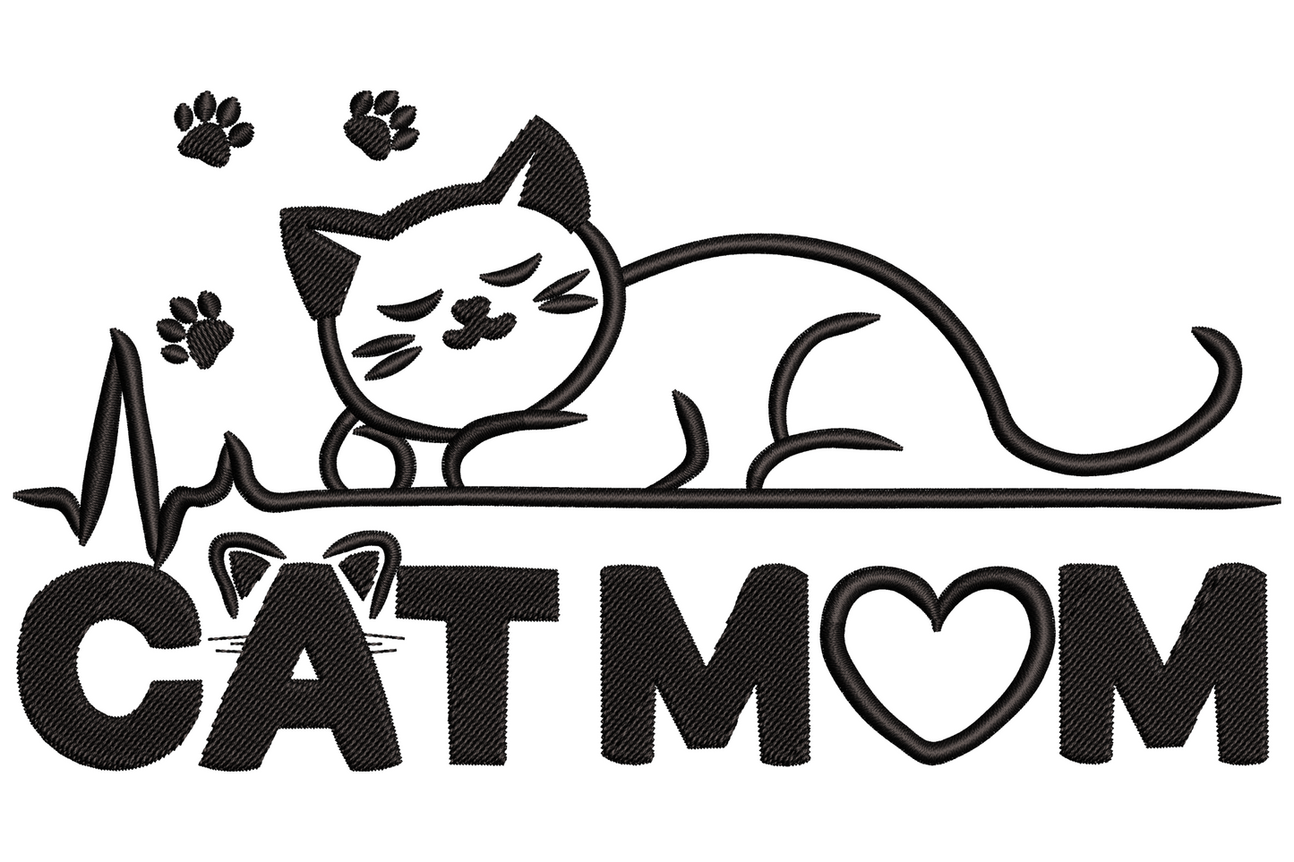 Cat Mom heartbeat embroidery design with grumpy cartoon cat on EKG line, paw print flowers and bold block text with heart replacing the O.