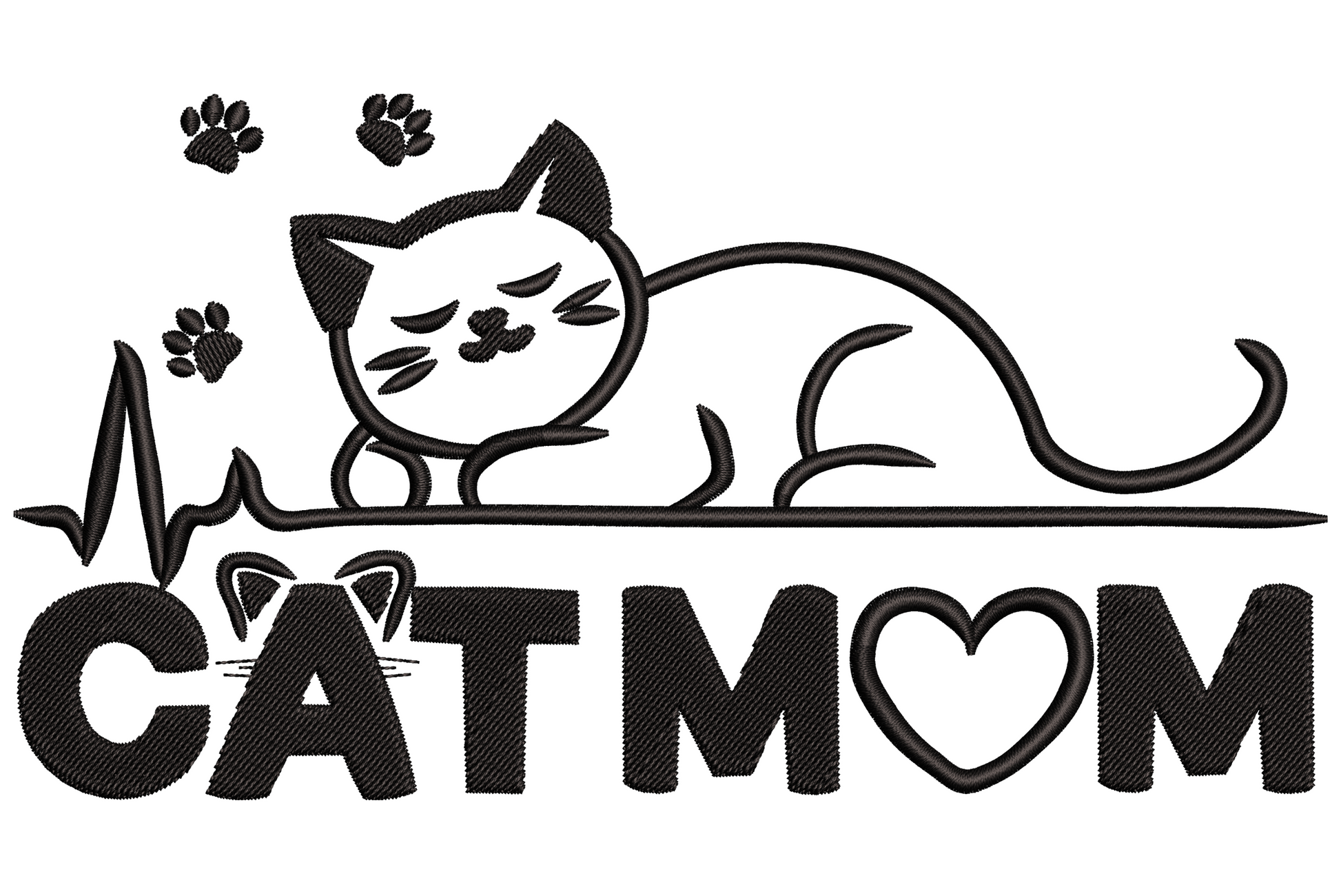 Cat Mom heartbeat embroidery design with grumpy cartoon cat on EKG line, paw print flowers and bold block text with heart replacing the O.