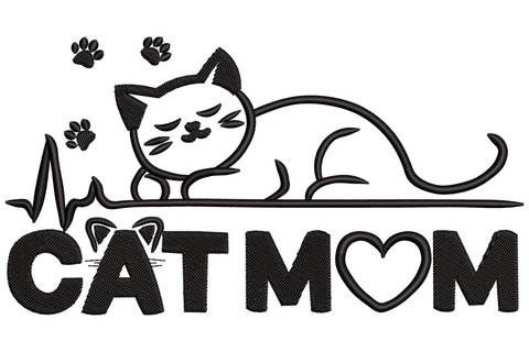 Cat Mom heartbeat embroidery design with grumpy cartoon cat on EKG line, paw print flowers and bold block text with heart replacing the O.