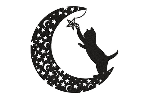 Cat moon star embroidery design showing a black cat silhouette reaching for a hanging star on a crescent moon filled with white star cutouts.