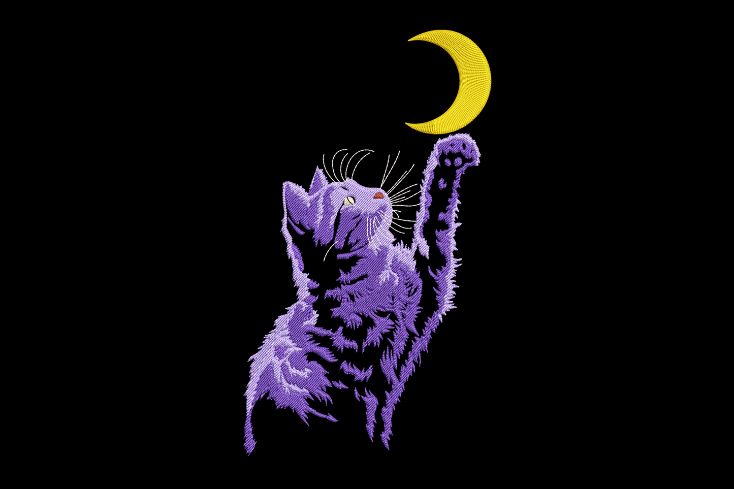 Embroidery design of a cat standing on hind legs reaching up toward a golden crescent moon, deep purple-blue fur, tall vertical composition, 7 colors
