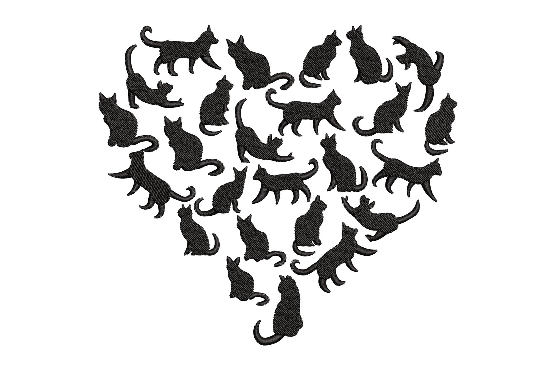 Cat silhouette heart embroidery design: ~25 tiny black cat shapes in varied poses forming a heart outline.