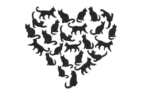 Cat silhouette heart embroidery design: ~25 tiny black cat shapes in varied poses forming a heart outline.