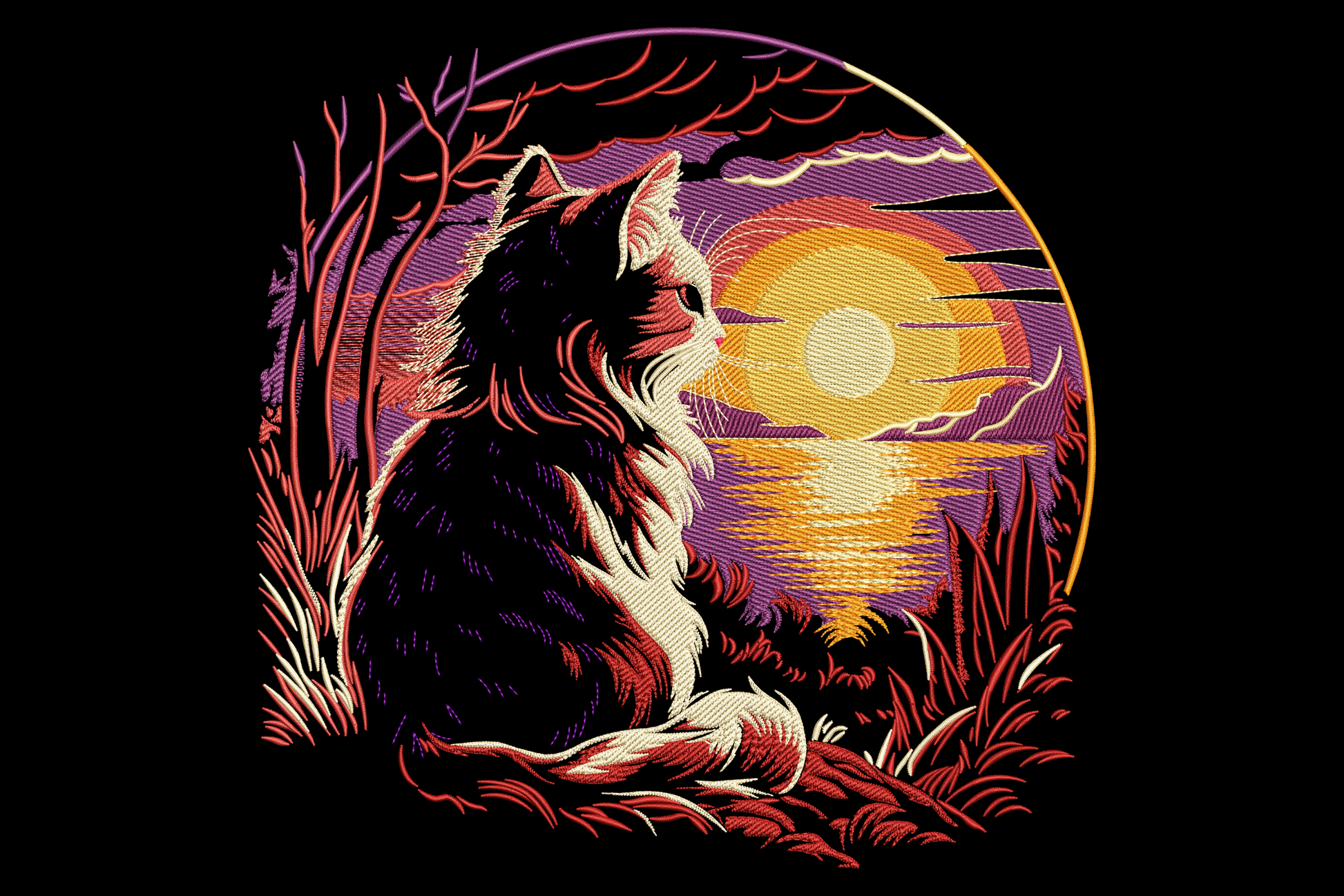 Longhaired cat sitting in tall grass watching a giant orange and purple sunset, retro woodcut style embroidery design