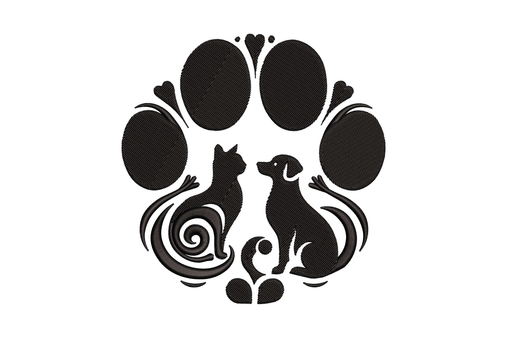 Black paw print mandala embroidery with cat and dog silhouettes tucked inside, single colour design across 4 sizes