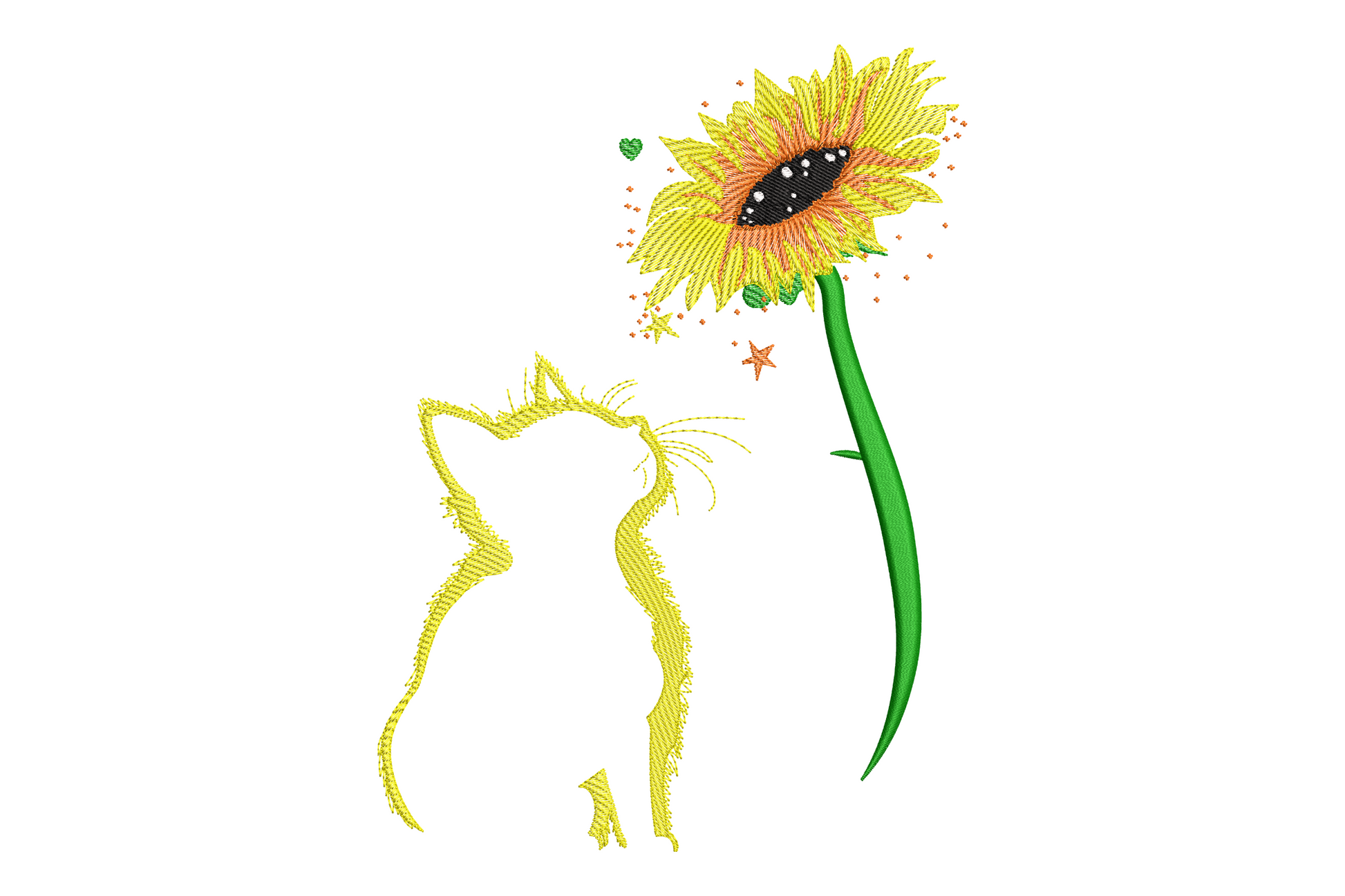 Cat and sunflower embroidery design showing a sitting cat outline in yellow beside a detailed sunflower with orange-shaded petals and dark green stem