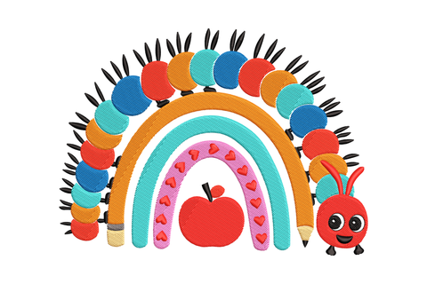 Caterpillar rainbow back to school embroidery design with multicolour caterpillar arching over a teal orange rainbow with pencil and apple.