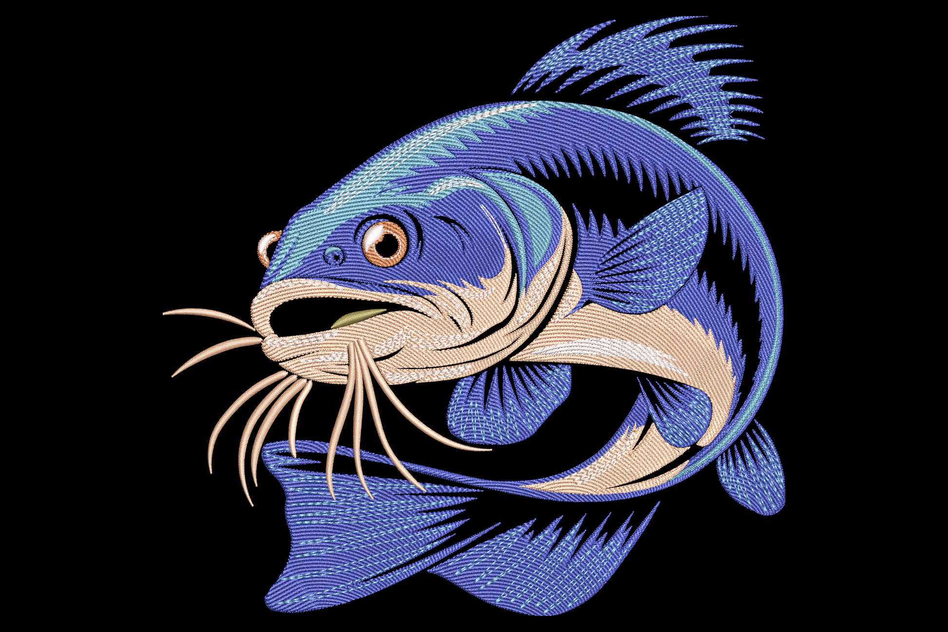 Large catfish embroidery in deep cobalt blue with cream underbelly, long barbels and detailed satin fin rays on dark background.