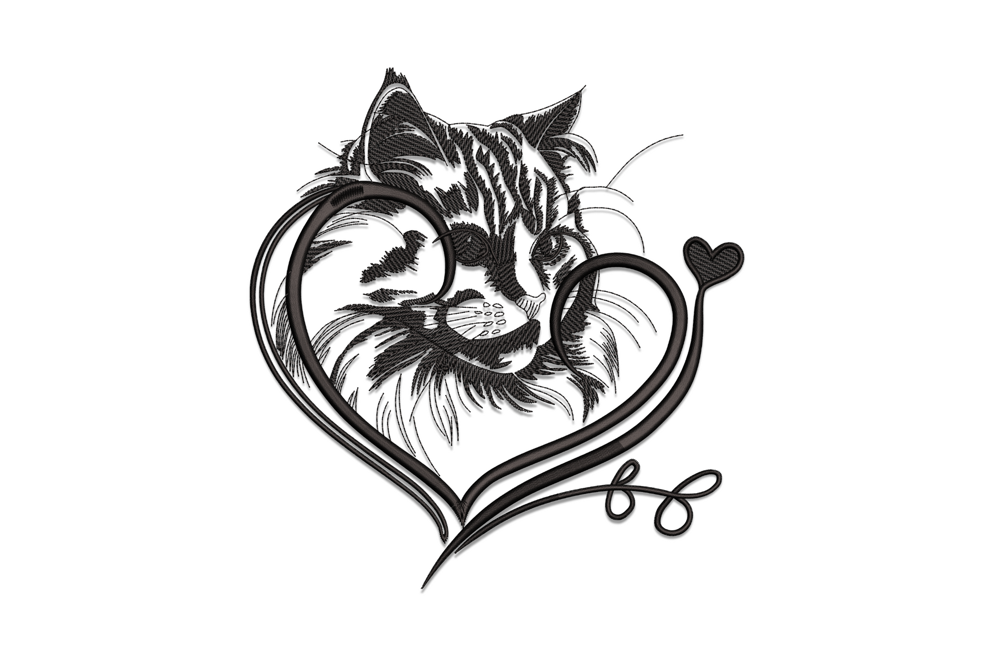Cat face inside heart machine embroidery design, single black thread with detailed fur stitching and swirling heart frame.