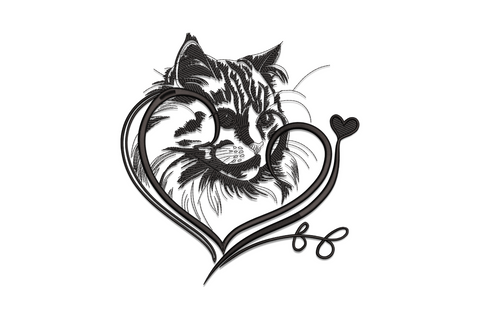 Cat face inside heart machine embroidery design, single black thread with detailed fur stitching and swirling heart frame.