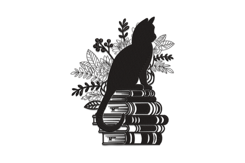 Black cat silhouette sitting on a stack of books with botanical leaf and berry outline stitching surrounding the composition
