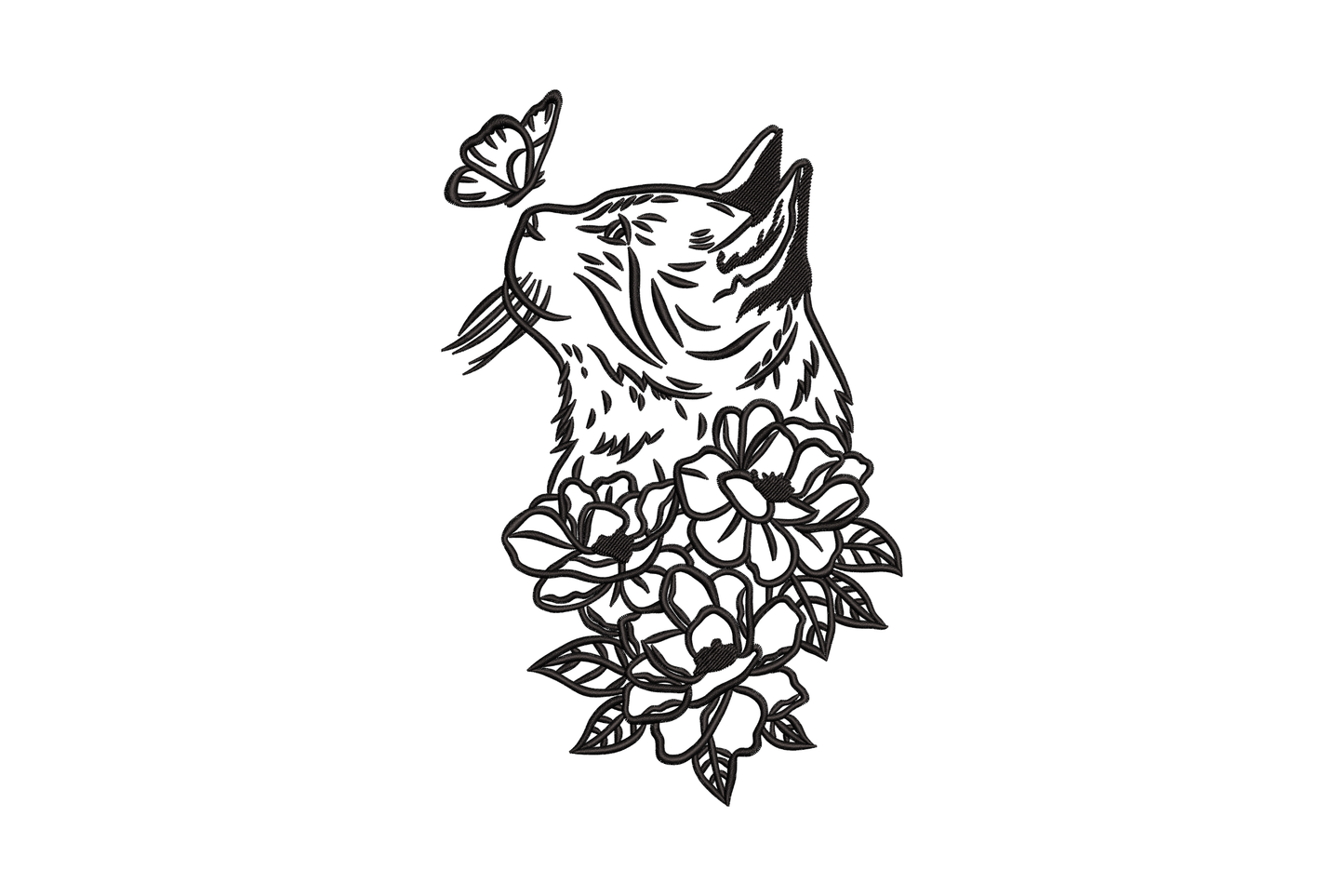 Cat with butterfly and flowers embroidery design, blackwork cat head in profile looking up at a small butterfly, floral cluster at chest, white on black.