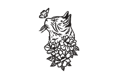 Cat with butterfly and flowers embroidery design, blackwork cat head in profile looking up at a small butterfly, floral cluster at chest, white on black.