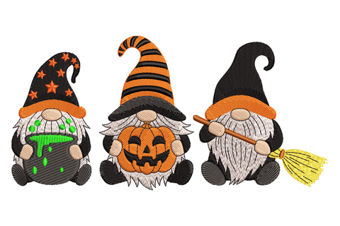 Three Halloween gnomes in a row wearing orange, black and purple hats with fluffy beards, whimsical cartoon style, nine colours, wide banner proportion embroidery design