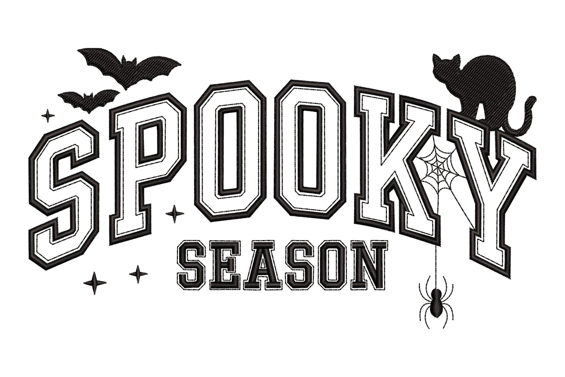 Celebrate spooky season halloween embroidery design, two-tier text layout with bold brush lettering, single colour, 3.5 by 1.93 inches, seasonal machine embroidery.