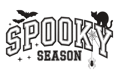 Celebrate spooky season halloween embroidery design, two-tier text layout with bold brush lettering, single colour, 3.5 by 1.93 inches, seasonal machine embroidery.