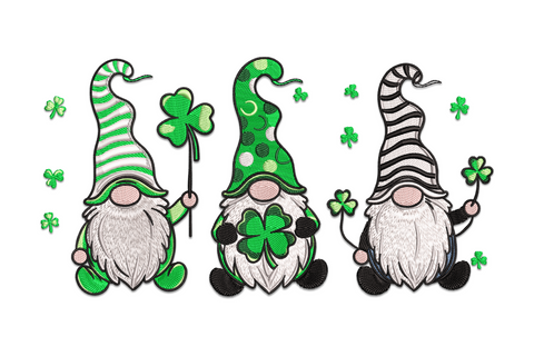 Celebrate St. Patrick's Day gnome embroidery design, festive gnome with green top hat holding a banner, 4 sizes for holiday shirts and totes