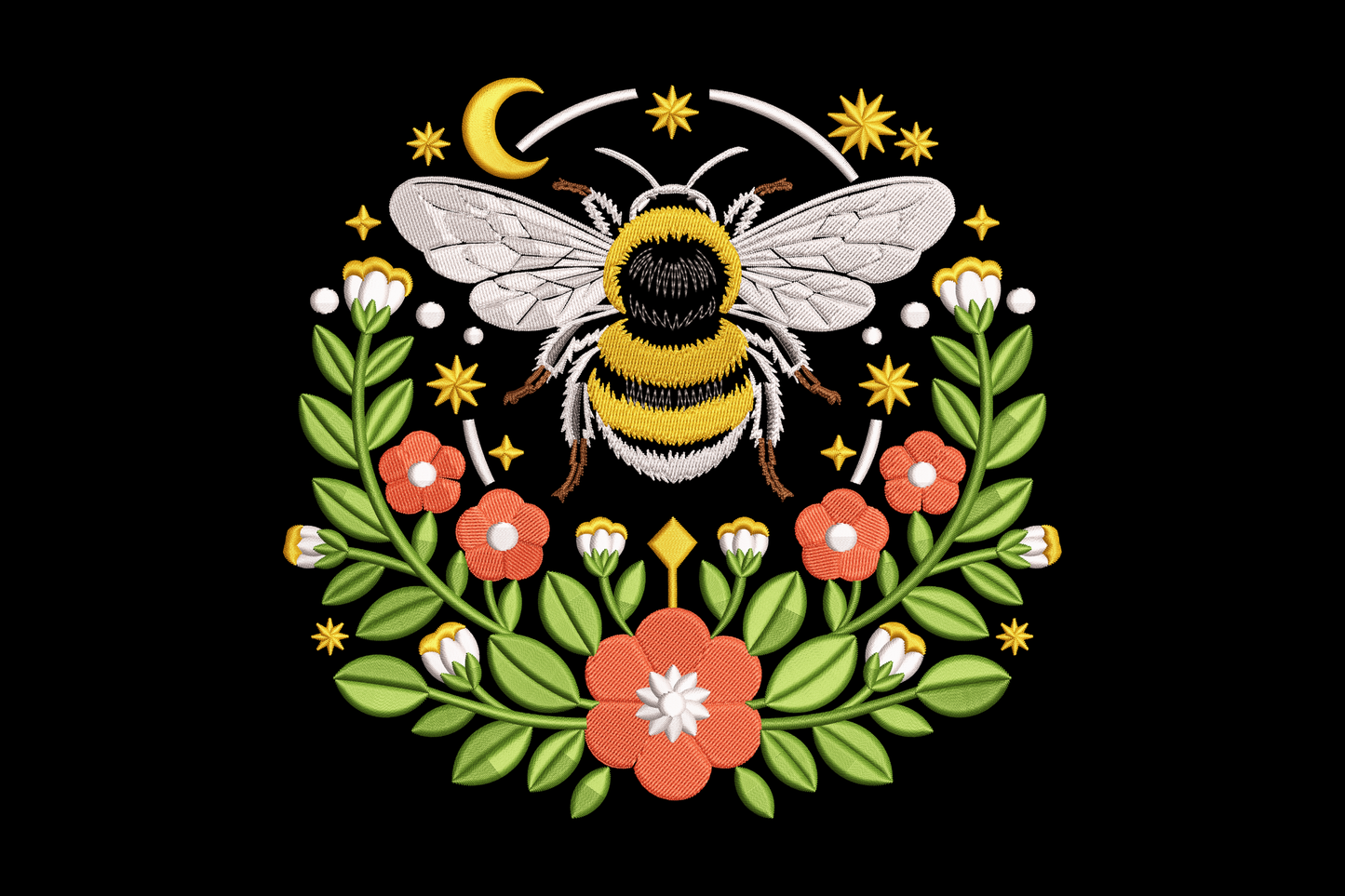 Embroidered design of a bee surrounded by flowers and leaves