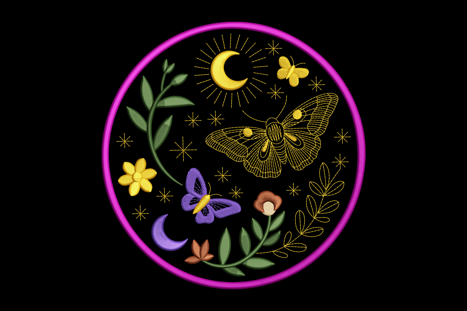 Embroidered design of butterflies, flowers, and moon