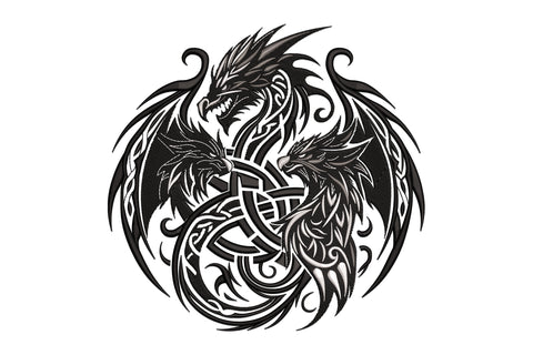 Celtic dragon knot embroidery with two intertwined dragons in a circular medallion, black white and grey.